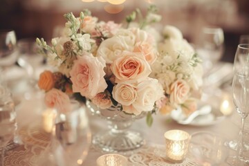 Obraz premium A beautiful floral arrangement of blush pink and peach roses set on a decorated table for a romantic celebration in an elegant venue during the evening