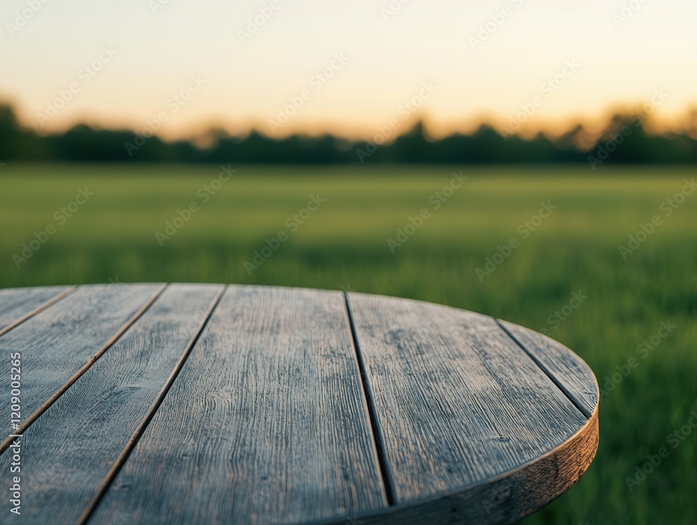 Poster empty round wooden table showing green field at sunset