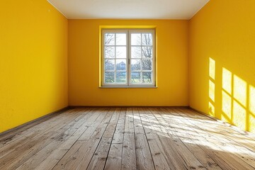 Obraz premium Bright and Minimalist Yellow Room Inviting Natural Light Through Window and Emphasizing Simple Modern Aesthetic on Wooden Floor