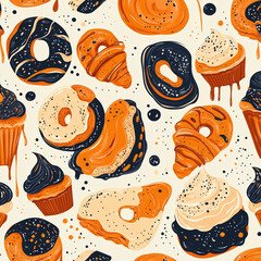 Seamless pattern bakery items such as croissants, donuts, cupcakes, and swirling icing. 