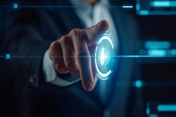 Businessman using a fingerprint scanner on a digital interface in a modern office setting during a late afternoon meeting with colleagues focused on security technology
