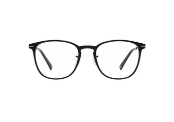 Modern black-rimmed eyeglasses with a minimalist design, isolated on a white background