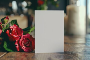 Obraz premium Blank Card on Wooden Table with Fresh Roses and Soft Lighting