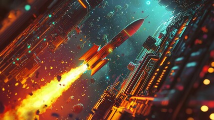 Naklejka premium Rocket Launch in Futuristic City