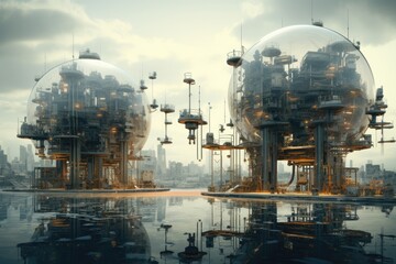 Concept art illustrating industrial disruption through futuristic spherical structures amidst a reflective water body and a distant city skyline at twilight