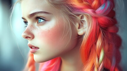 Fototapeta premium Young Girl Profile Vividly Colored Braided Hair