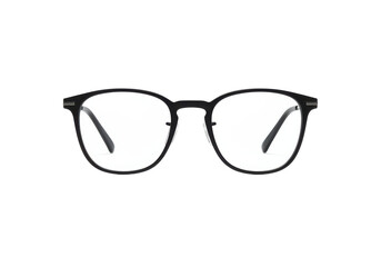 Modern black-rimmed eyeglasses with a minimalist design, isolated on a white background