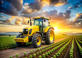 Obraz premium Majestic Tractor at Sunset. A Golden Hour on the Farmland