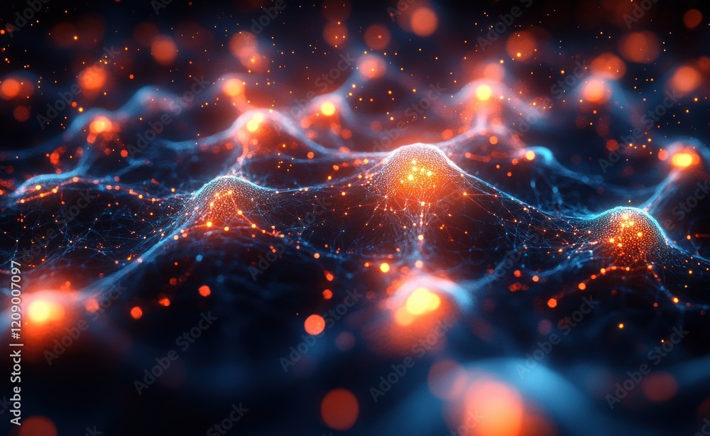 Aufkleber Neural Network Visualization Cyberpunk Abstract Art Technology AI Data Connection 3D Illustration