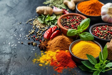 A vibrant display of spices and herbs on a black surface features colorful powders, fresh ginger, garlic, and red chilies, ideal for culinary creativity and flavor enhancement