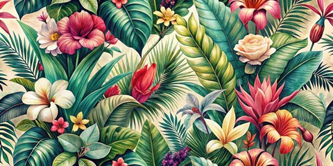 Fototapeta premium Vintage Tropical Watercolor Pattern: Lush Botanical Prints, Exotic Flowers, Retro Style