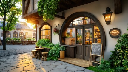 Fototapeta premium A charming vintage building with rustic wooden beams, an arched doorway, and a large window reflecting the street view.