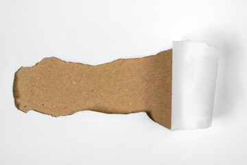 Top view of white ripped paper with brown background. Mockup. Copy space. Presentation or template. Flat lay