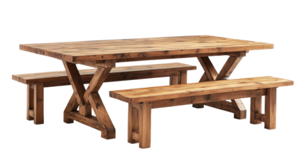 Wooden dining table and benches designed for outdoor gatherings in a rustic setting isolated on transparent background