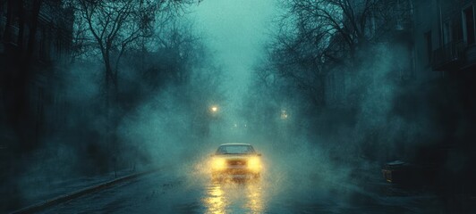 Cinematic Urban Scene with Spotlight Misty Night Street Smoke Shadows Abstract