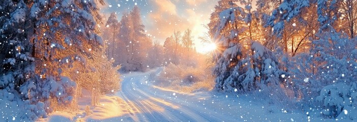 Snowy Winter Road in Serene Forest Landscape with Falling Snow