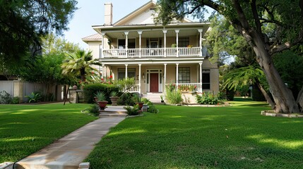 Obraz premium A two-story house with a large front yard.