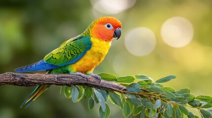 Obraz premium A close-up of a colorful parrot perched on a tree branch, vibrant feathers shining in the sun.