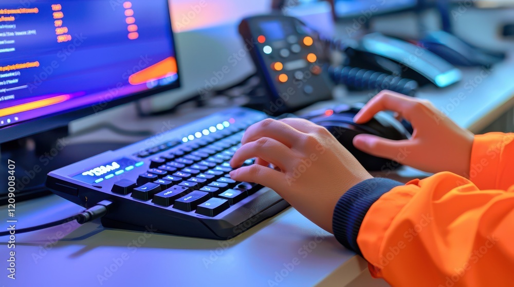 Poster a close-up of a customer service agentâ€™s hands typing on a keyboard while assisting a customer on 