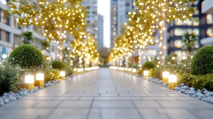 Obraz premium Illuminated city pathway, evening ambiance, urban landscape, festive lights