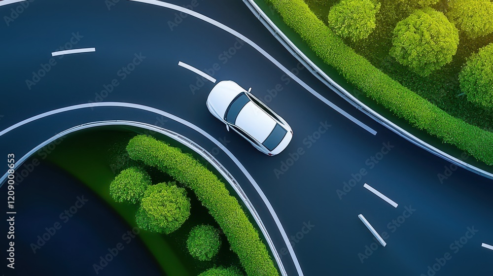 Poster aerial view of a vehicle navigating on a highway with visible directional road signs, representing t