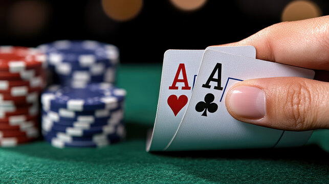 close up of dealer hand revealing winning cards with poker chips