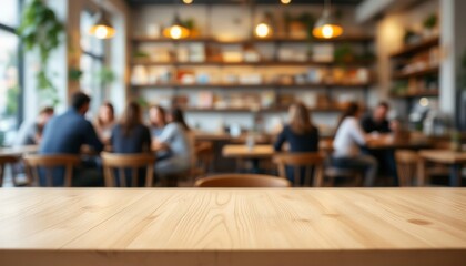 Empty wooden table in a busy cafe, perfect for product placement.