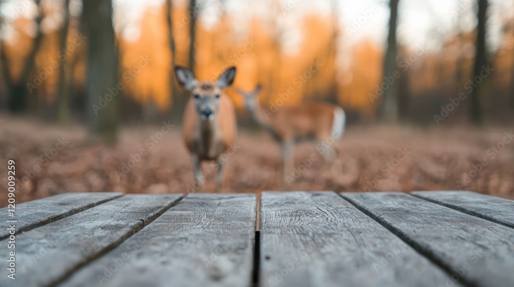 Aufkleber deer grazing in the background of rustic wooden table in forest