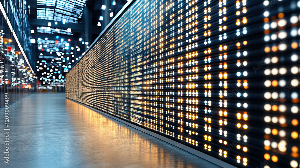 Poster close up of stock ticker tape displaying fluctuating numbers and lights