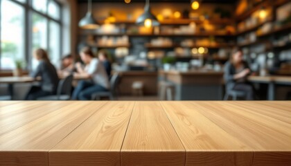 Empty wooden table in a busy cafe setting