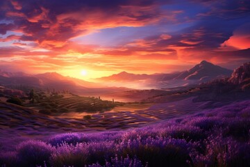 A tranquil sunset casts warm colors over expansive lavender fields in a picturesque landscape, highlighting the beauty of nature during the evening hours