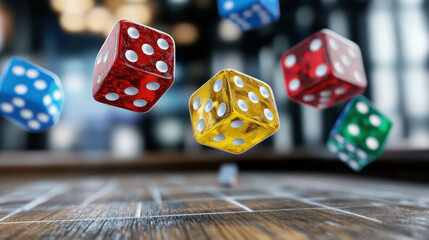 Colorful dice rolling on wooden table, creating lively atmosphere