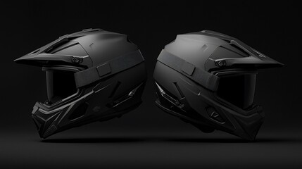 Fototapeta premium Two matte black motocross helmets angled, dark background.