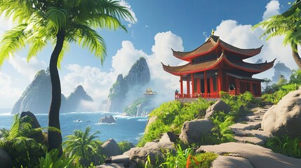 Tropical Island Pagoda Scenic Coastal View