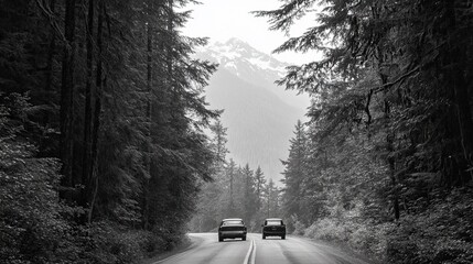 Classic Cars Journey Through Snowy Mountain Pass