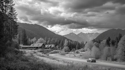 Mountain Roadside Cabins and Passing Cars