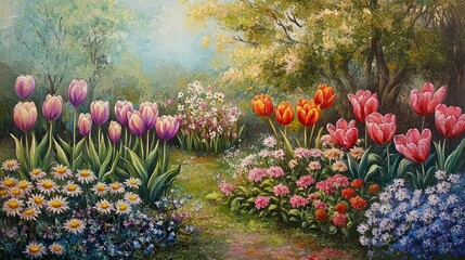 Colorful Spring Garden Blooming Tulips Daisies And Other Flowers