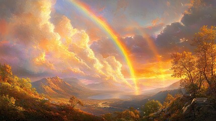 Majestic Rainbow Over Autumnal Mountain Valley Landscape