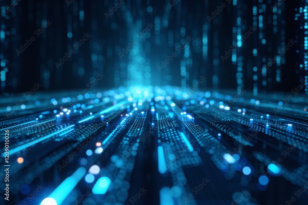 Poster abstract data system with glowing blue lines creating a dynamic landscape of technology and connecti