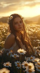 Woman with Daisies in Golden Sunset Field
