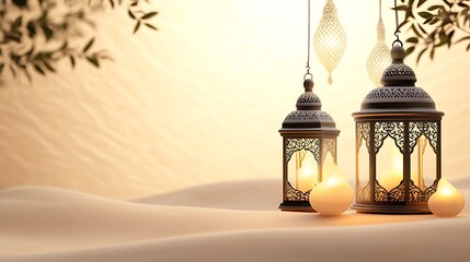 Ornate lanterns illuminate a desert landscape at sunset