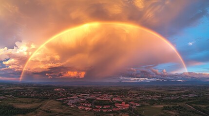 Sunset Rainbow Arcing Over Rural Town Landscape