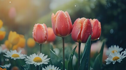 Dew Kissed Tulips and Daisies in a Spring Garden