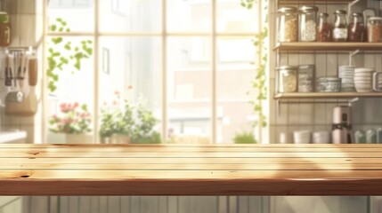 Wooden Tabletop in Bright Sunny Kitchen Setting