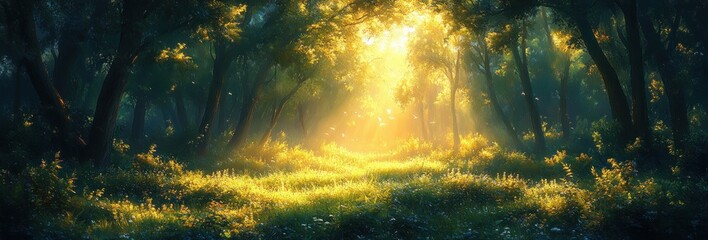 Sunlit Oak Tree Foliage in Tranquil Morning Light in Forest Setting