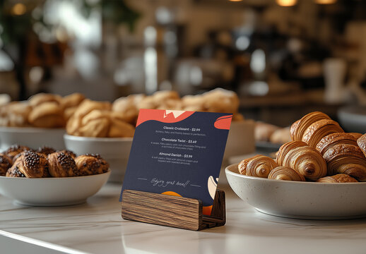 Table Menu Mockup at Bakery Counter &ndash; Realistic Display Template for Pastry Shop Branding, Cafe Table Advertising, or Breakfast Menu Presentation