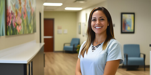 Portr&auml;t einer l&auml;chelnden Krankenschwester in der B&uuml;roumgebung einer modernen Gesundheitseinrichtung  - Krankenhaus - Gesundheit Heilung