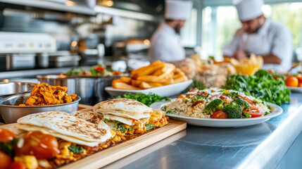 Fototapeta premium Delicious food preparation in vibrant kitchen with chefs at work