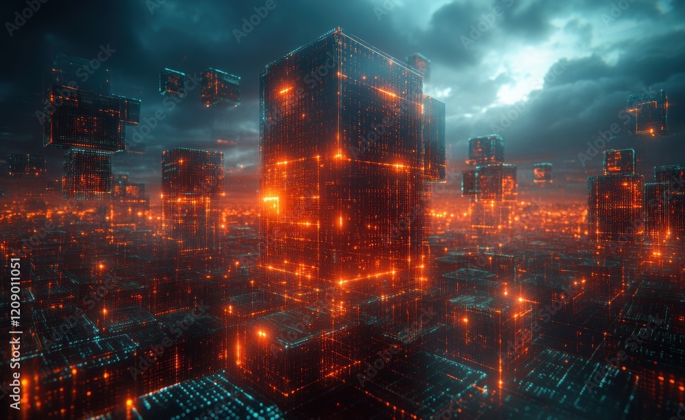Poster Futuristic Digital Landscape with Floating Cubes and Binary Code in Cyberpunk Style