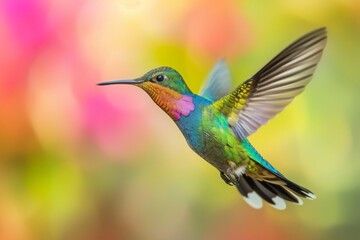 Fototapeta premium A vibrant hummingbird with a fiery throat hovers gracefully in a garden filled with colorful flowers during a sunny afternoon, showcasing its iridescent plumage and delicate wings